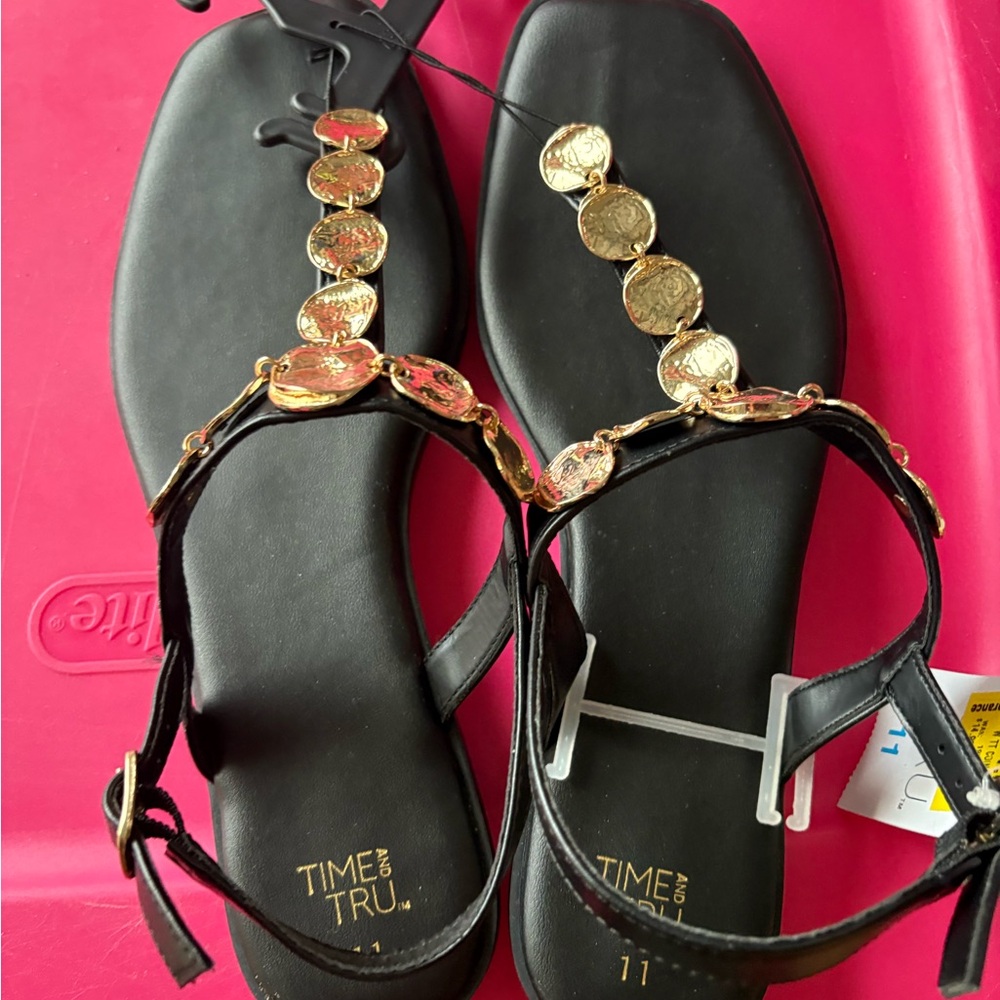 Time and Tru Black Sandals with Gold Coins